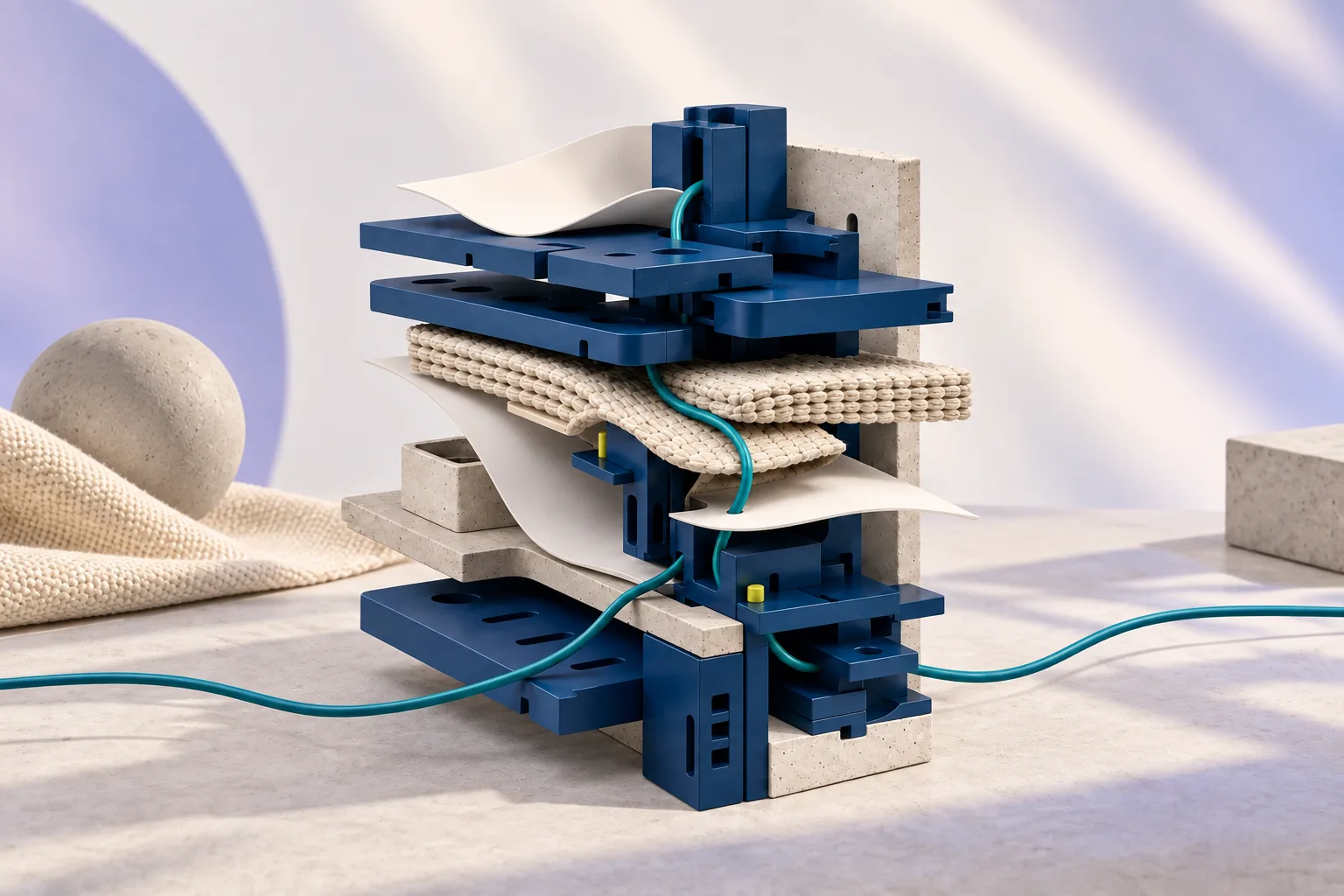 Escultura de placas azuis, tecido e papel conectados por um cabo verde-água.