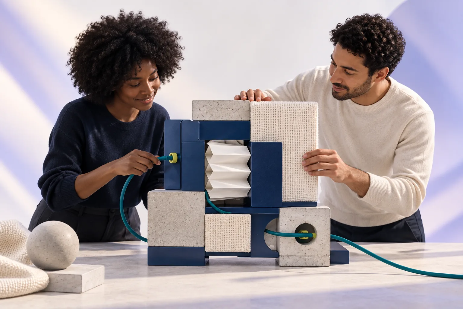 Duas pessoas colaboram em uma estrutura de peças azuis, papel e tecido conectados por um cabo verde-água.