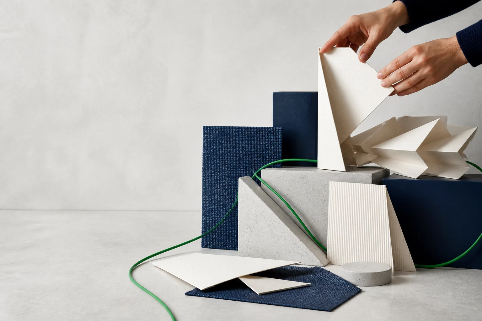 Mesa abstrata de escritório jurídico com papéis sem texto, módulos azul-marinho, blocos de concreto, cabos verdes e mãos organizando documentos.